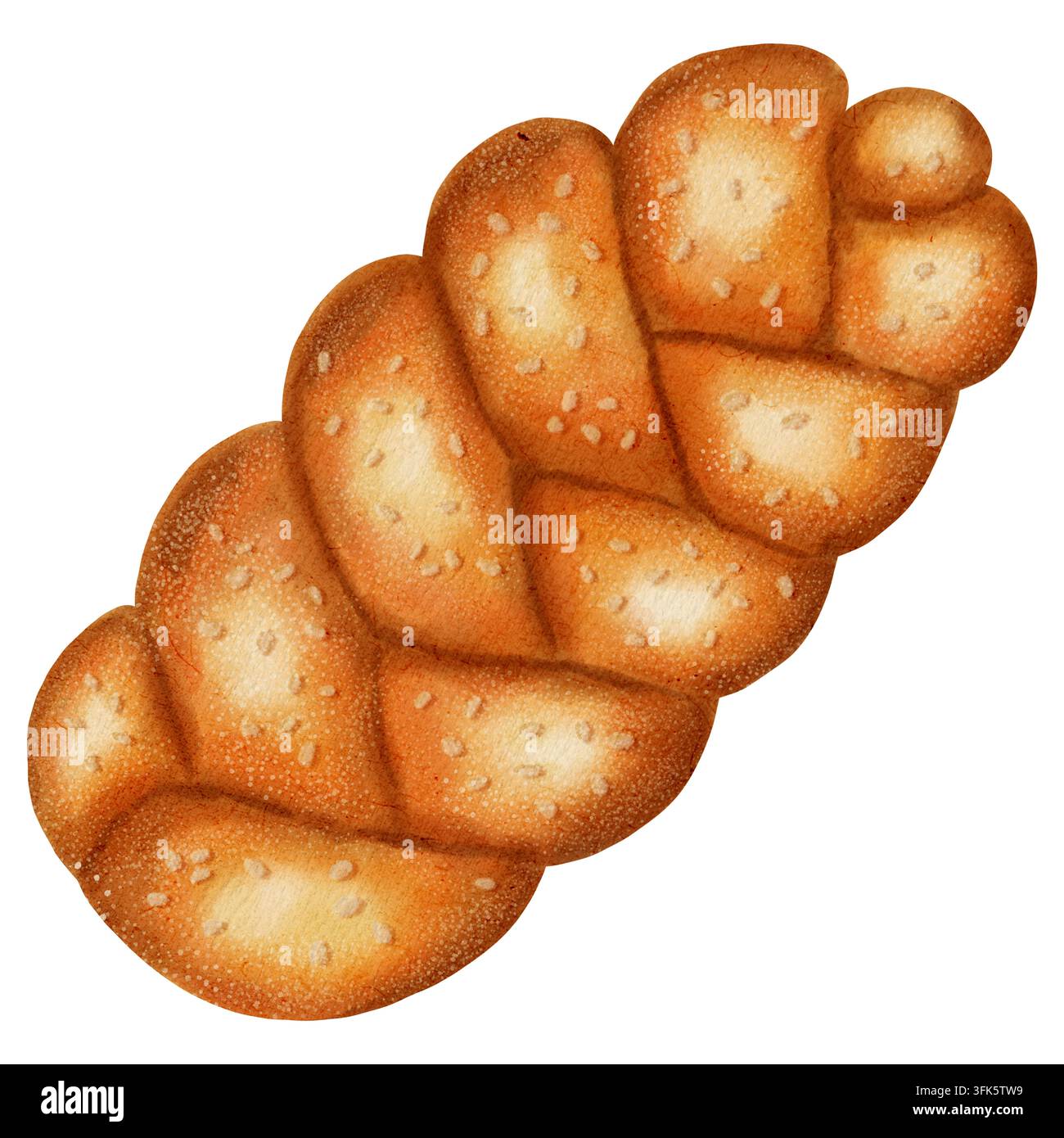 Illustrazione ad acquerello di pane intrecciato o challah. Prodotti da forno. Perfetto per menu per occasioni speciali, decorazioni per panetterie, packaging, ricette e libri. Foto Stock