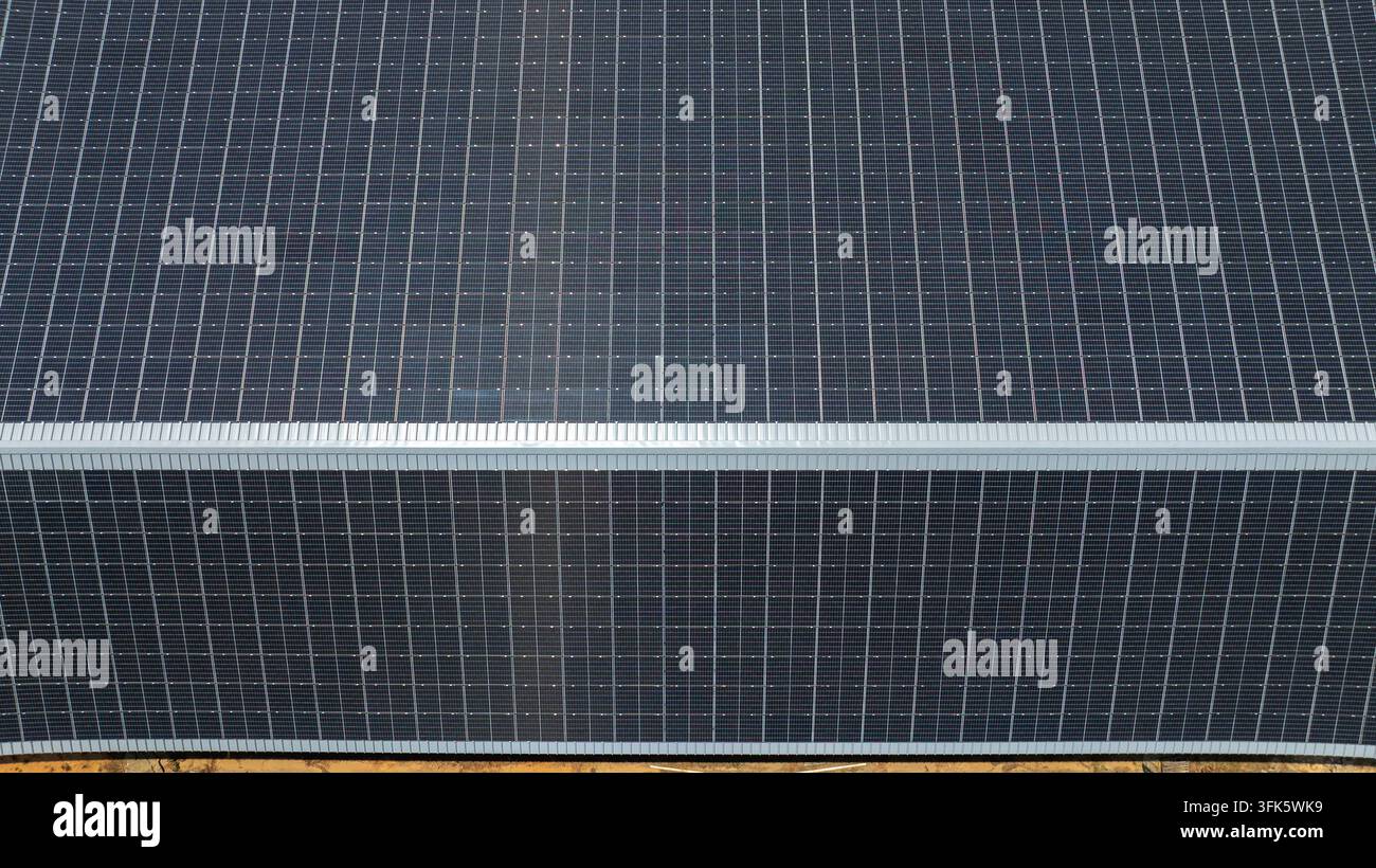 Vista aerea di un capannone agricolo coperto da pannelli fotovoltaici, energia solare Foto Stock