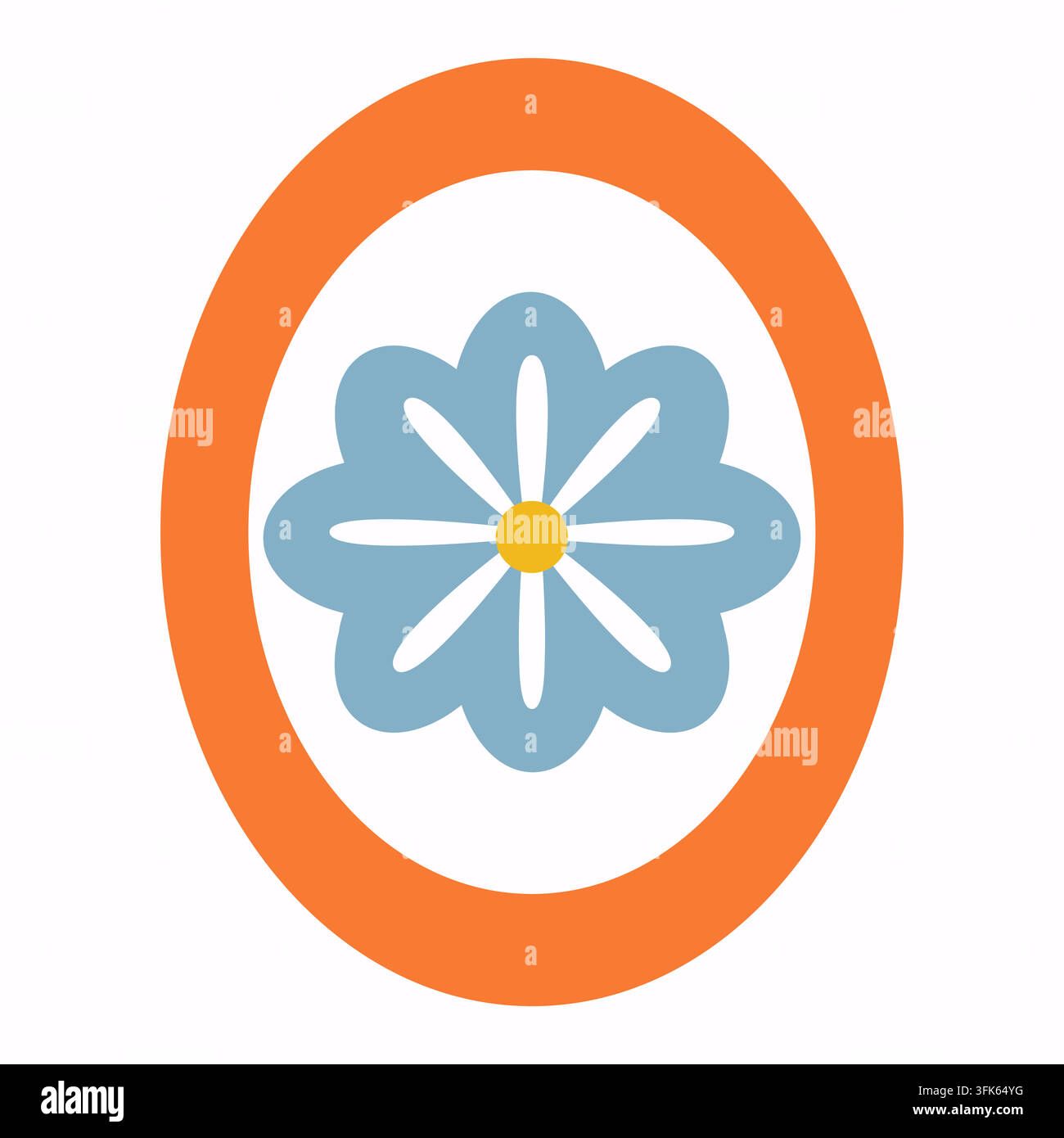 Un fiore con un centro giallo e petali blu è al centro di un cerchio arancione. Il cerchio è bianco e ha un bordo blu Illustrazione Vettoriale