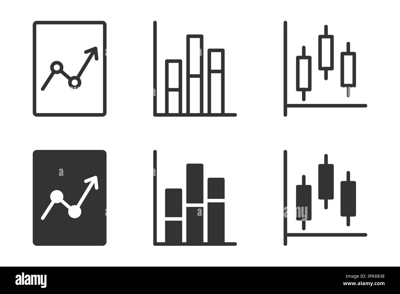 Collezione di icone di grafici finanziari inclusi grafici a linea, a barre e a candela Illustrazione Vettoriale