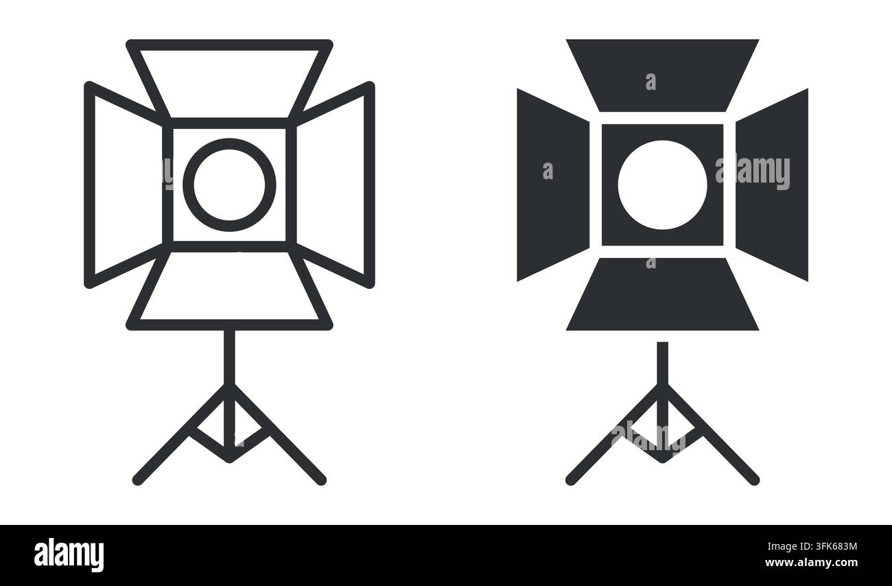 Icone di attrezzatura per l'illuminazione da studio: faretti con parabrezza regolabili su supporti Illustrazione Vettoriale