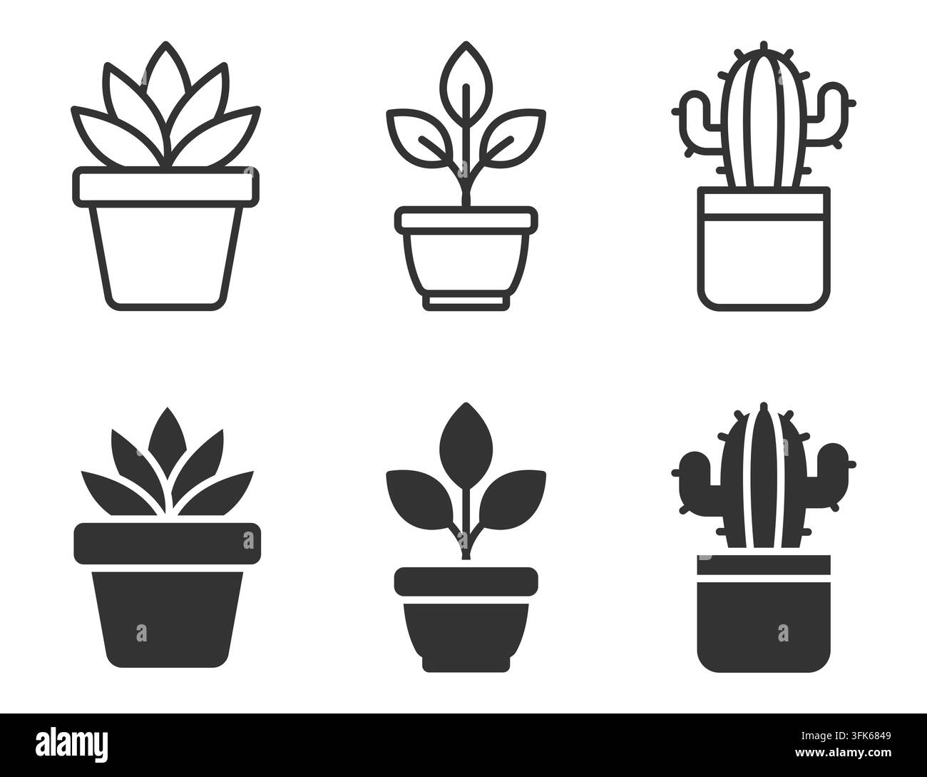 Set di sei icone di piante in vaso tra cui succulente, piante a foglia e cactus. Illustrazione vettoriale Illustrazione Vettoriale