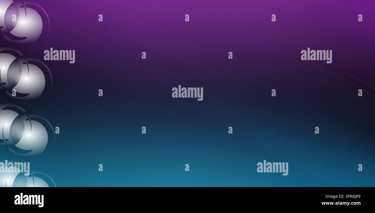 Sfondo astratto con sfumatura viola e turchese che presenta una fila di cerchi argentati luminosi lungo il bordo sinistro. Foto Stock