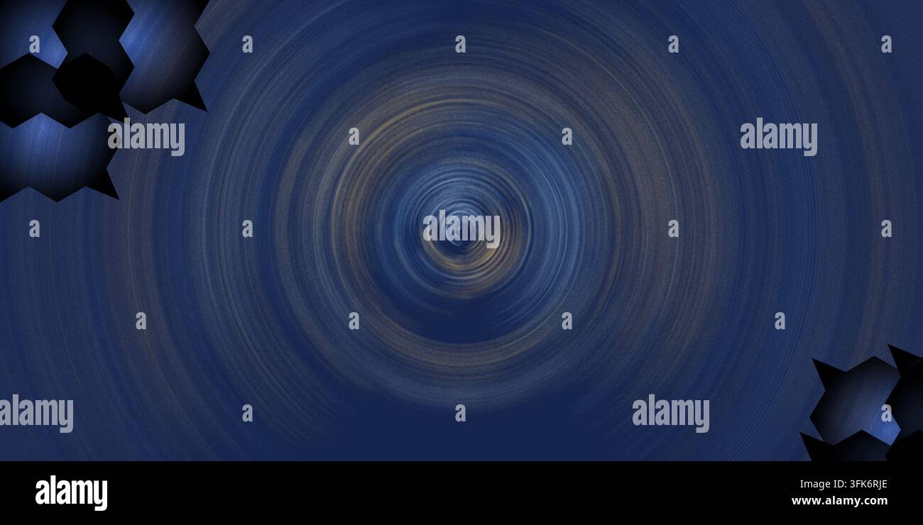 Sfondo vortice circolare blu scuro astratto con accenti geometrici a bolle Foto Stock