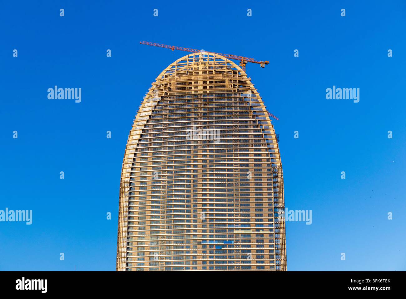 Prima piano ad angolo basso di un grattacielo ovale moderno in costruzione con una gru torre gialla. Foto Stock