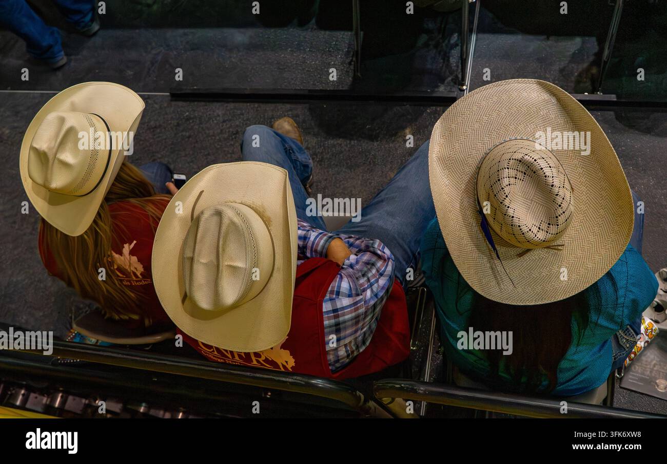 Casper, Wyoming, Stati Uniti - 14 giugno 2015: Vista di tre persone con cappelli da cowboy sedute sulle tribune durante un evento di rodeo. Foto Stock