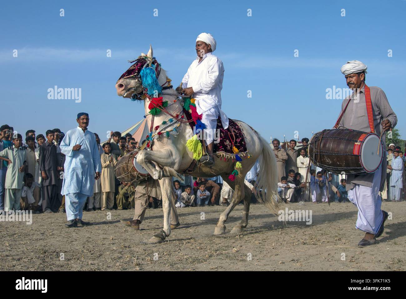 Bahawalpur, Punjab, Pakistan – 25 marzo 2025: Vista di una tradizionale esibizione di danza equestre Ghora Nach con un cavallo decorato che si dimena al ritmo Foto Stock