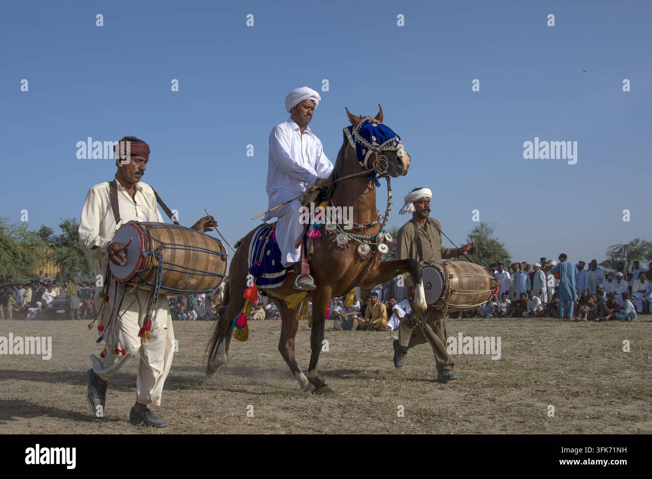 Bahawalpur, Punjab, Pakistan - 25 marzo 2025: Vista di una tradizionale esibizione di danza equestre con un cavaliere su un cavallo decorato accompagnato da musicisti Foto Stock