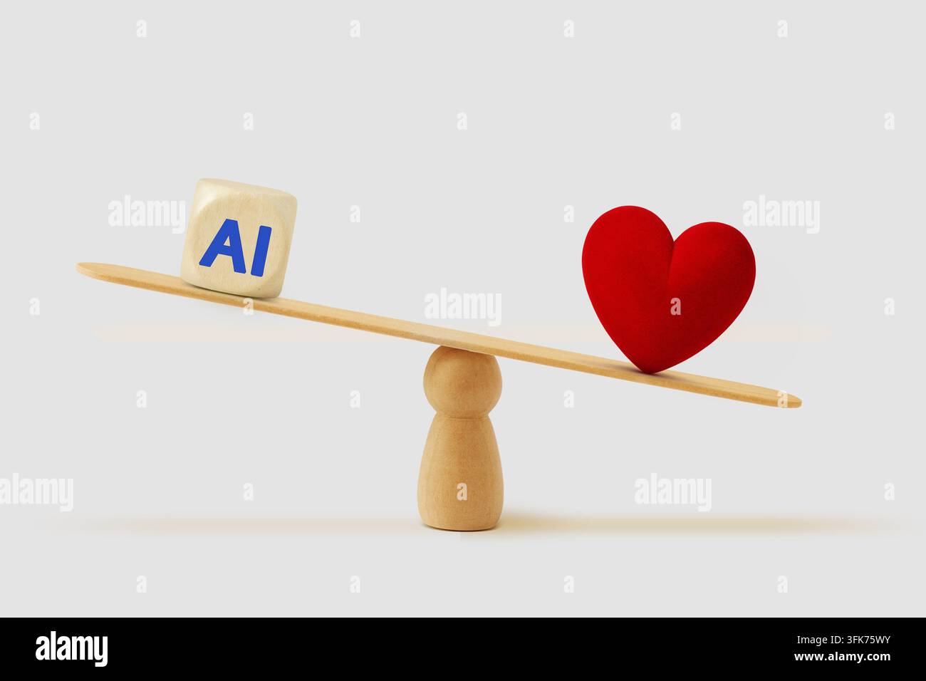 B bilancia con icona AI e cuore - Concetto di dare priorità all'amore e alle emozioni umane rispetto alla tecnologia e all'intelligenza artificiale Foto Stock