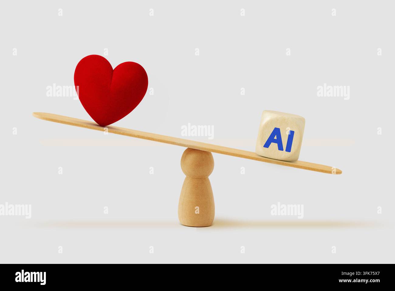 B bilancia con cuore e icona AI - Concetto di dare priorità alla tecnologia e all'intelligenza artificiale rispetto all'amore e alle emozioni umane Foto Stock