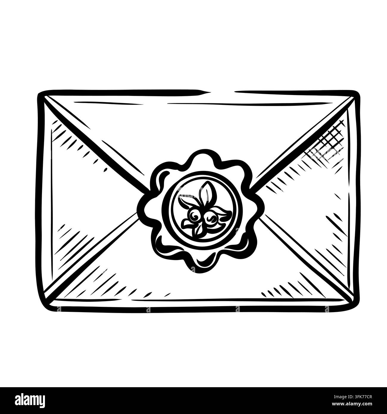 Busta natalizia sigillo di cera lettera illustrazione vettoriale postale cartoleria per corrispondenza. Una classica busta piegata è rifinita con un ornamento floreale Illustrazione Vettoriale