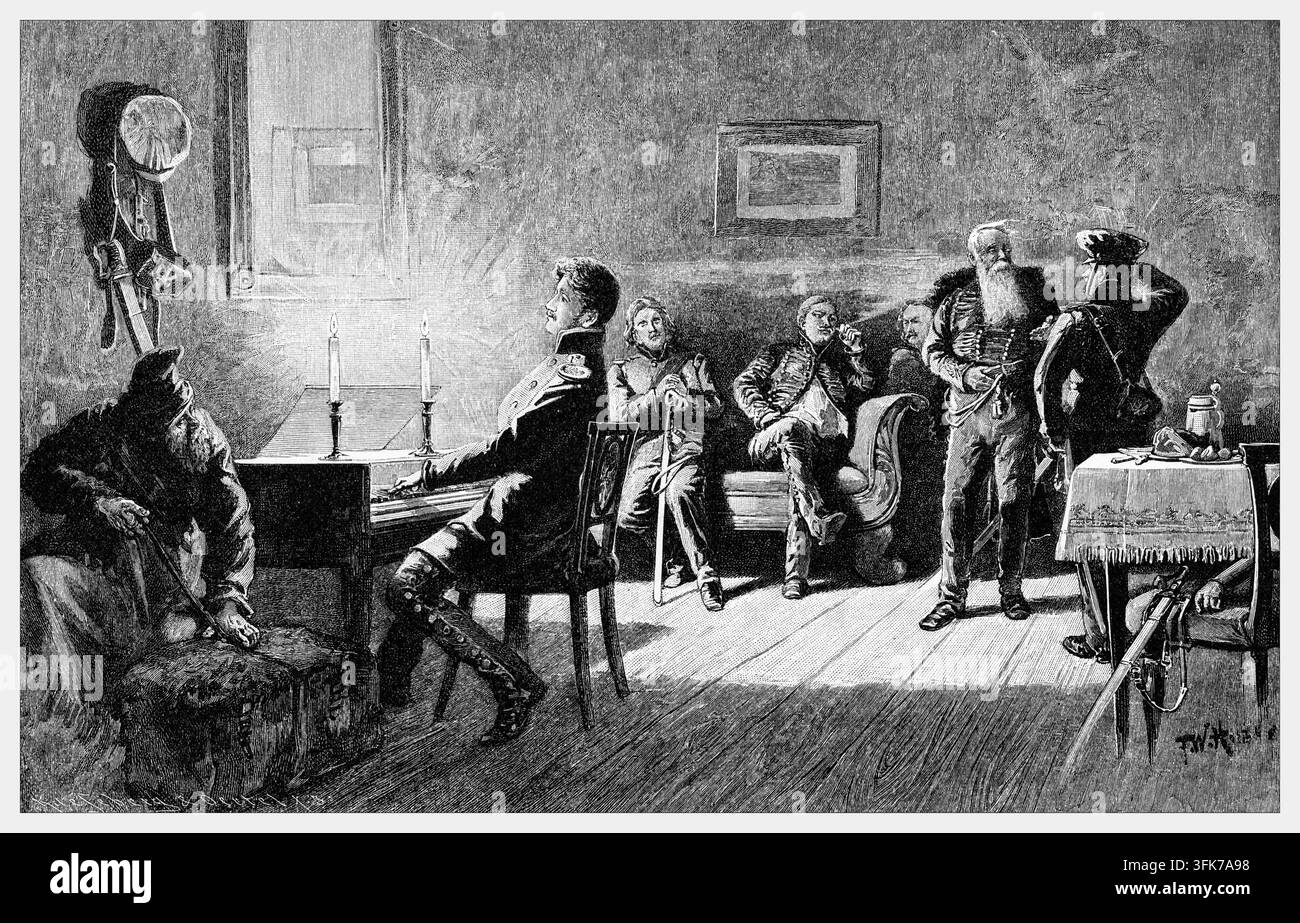 Theodor Körner che suona il piano per gli ufficiali, interno del Herrenhaus, incisione del XIX secolo. Foto Stock