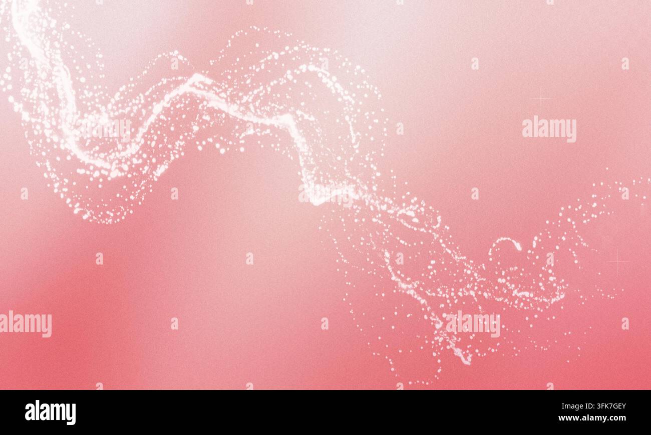 Un'ondata vibrante di particelle bianche luminose che fluiscono su uno sfondo rosa morbido e textureato. Foto Stock