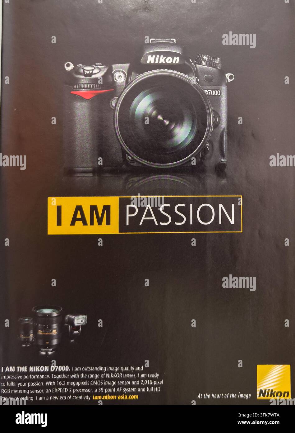 Pubblicità della fotocamera digitale reflex a singolo obiettivo (DSLR) Nikon D7000 del 2010, "Io sono passione" Foto Stock