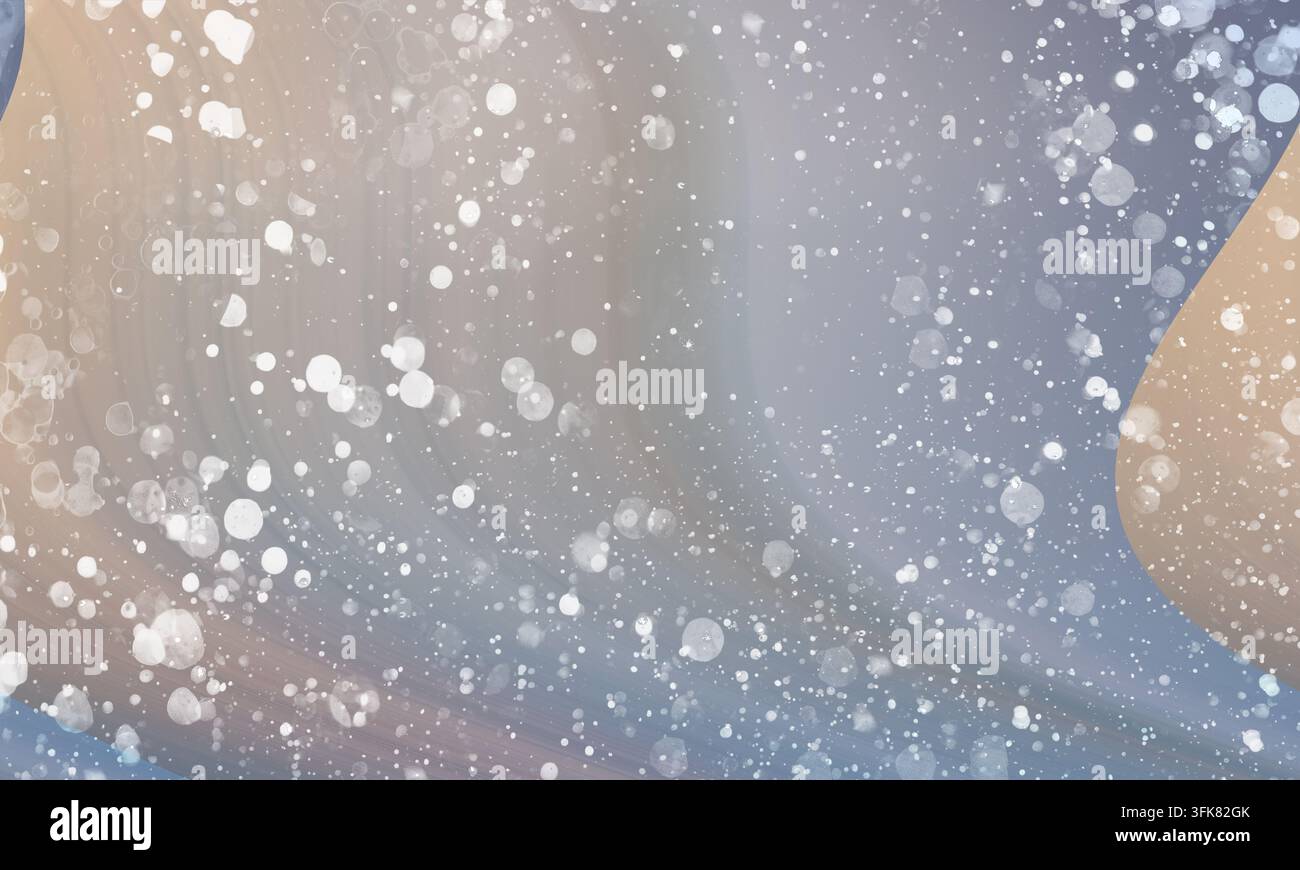 Uno sfondo astratto sereno con onde fluide blu e beige morbide, accentuate da particelle bianche fluttuanti che assomigliano a neve o polvere che cade. Foto Stock