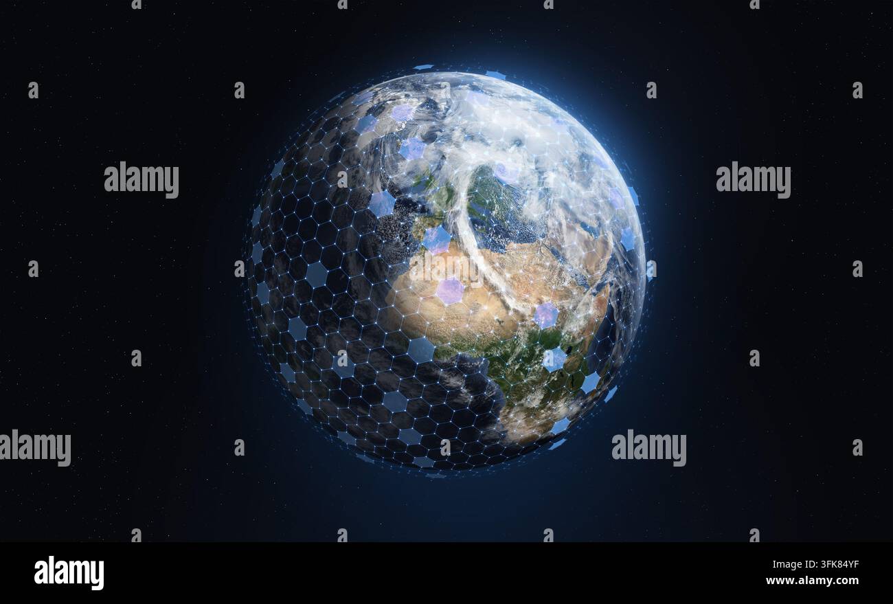 Terra protetta da uno scudo digitale che simboleggia la sicurezza globale, le comunicazioni satellitari e la connettività Internet. Contiene elementi di immagine della NASA. Foto Stock
