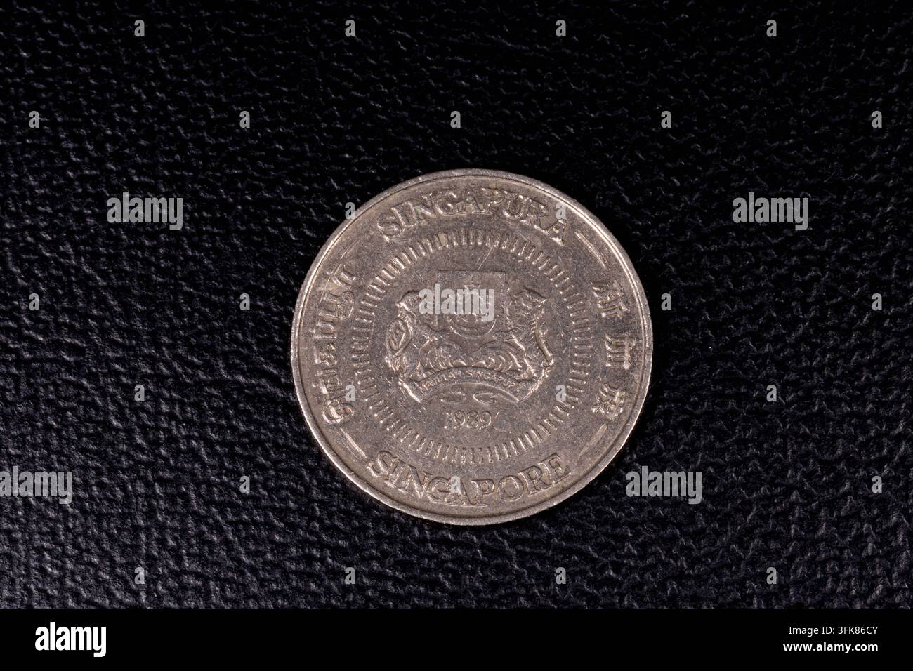 Fotografia macro di una moneta da 20 centesimi di Singapore del 1989 che mostra dettagli storici della valuta e del design monetario. Foto Stock