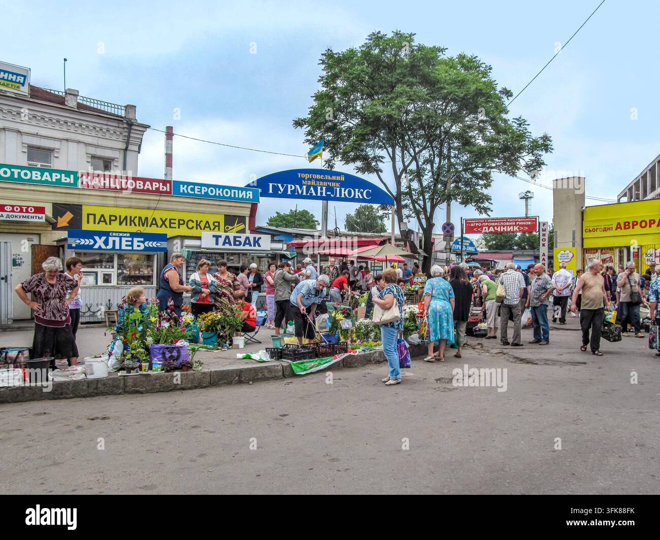Mercato di strada affollato con persone che acquistano fiori e merci vicino ai negozi locali. Area commerciale all'aperto tradizionale. Zaporizhzhia, Ucraina - 24 giugno 2017 Foto Stock