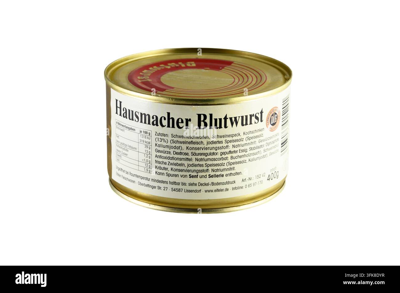Iserlohn, Germania - 08 settembre 2026: Lattina di sanguinaccio tradizionale tedesco fatto in casa Hausmacher Blutwurst su sfondo bianco. Foto Stock
