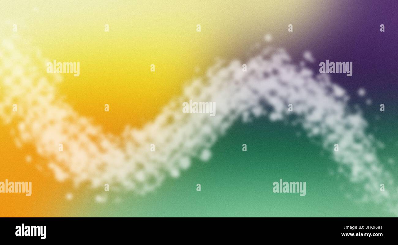 Sfondo sfumato vivace multicolore con giallo, arancione, verde e viola, con una finitura ruvida granulosa e un'onda bianca luminosa. Foto Stock