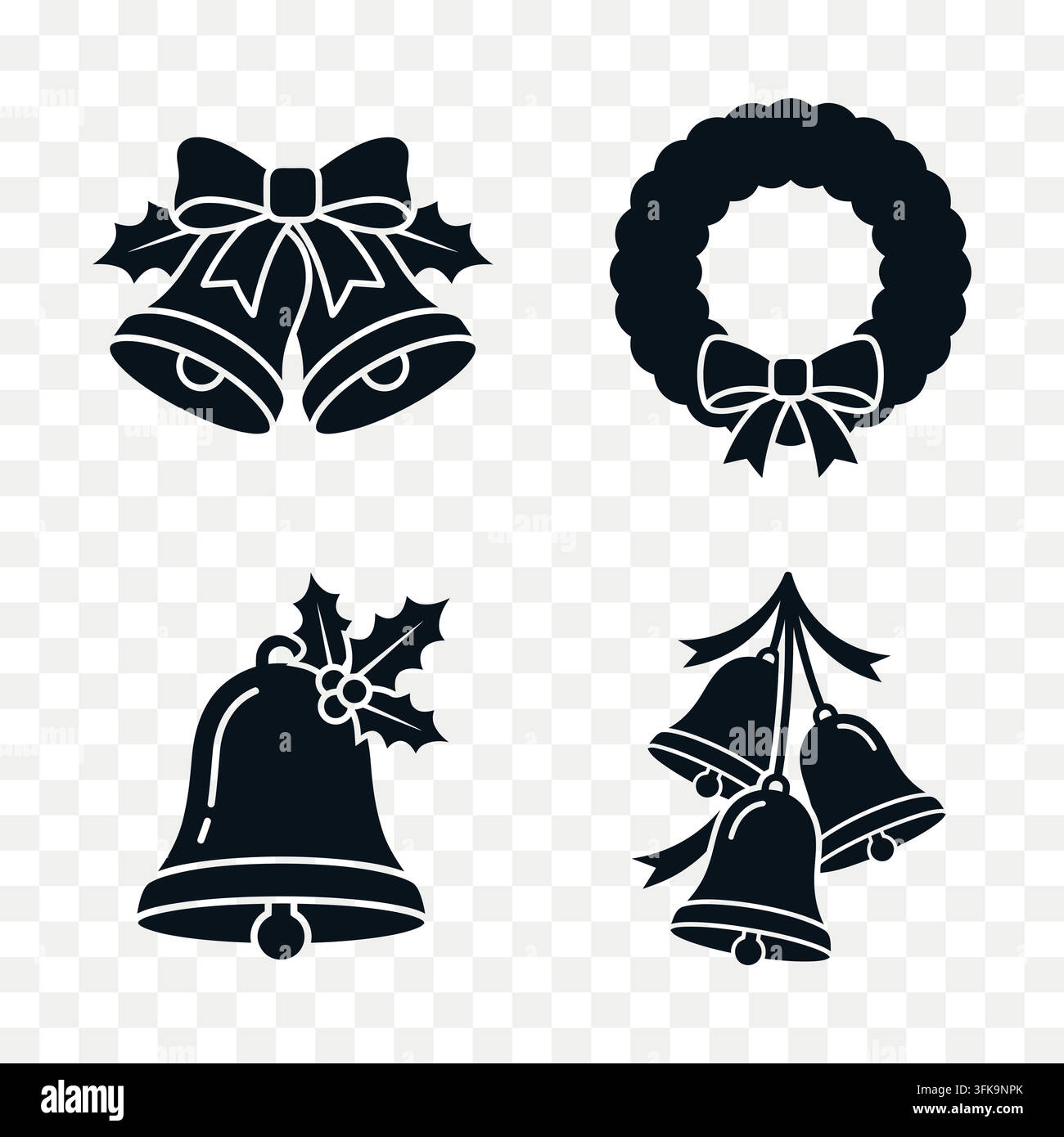 Set di icone di campanelle natalizie e silhouette di ghirlanda di pino per la decorazione della festa di Natale Illustrazione Vettoriale