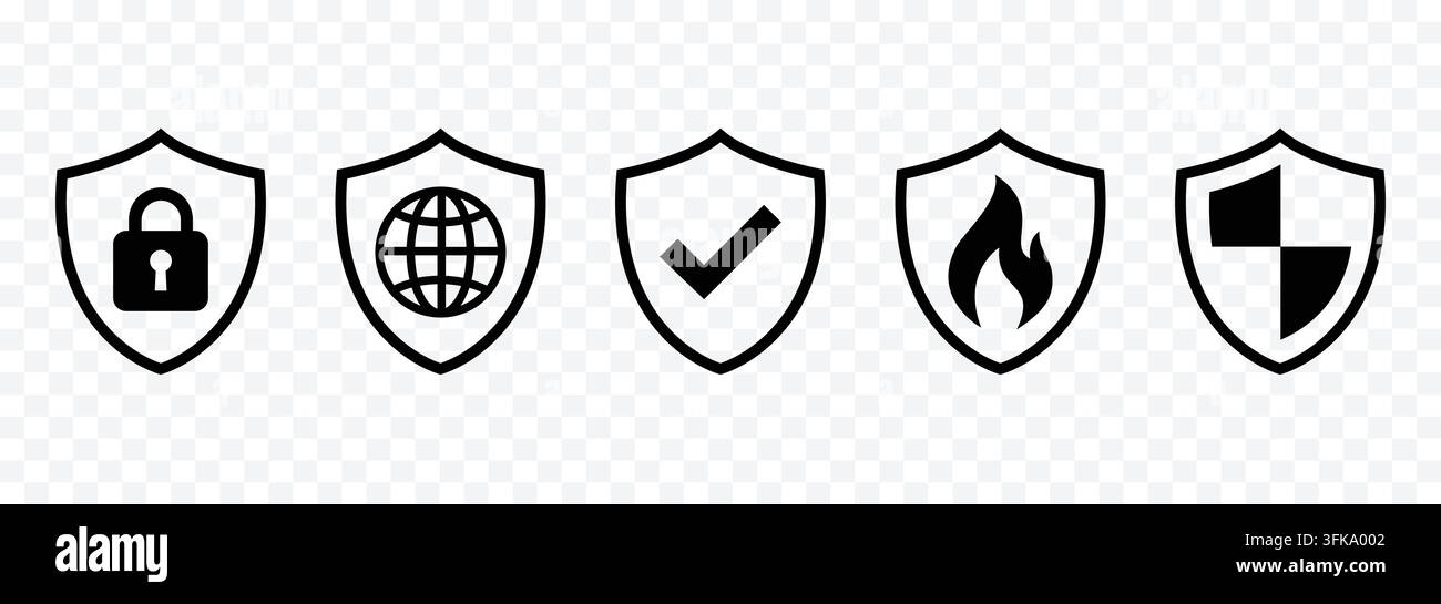 Set di icone vettoriali per scudi di protezione della sicurezza con simboli di serratura, globo, spunta e fuoco Illustrazione Vettoriale