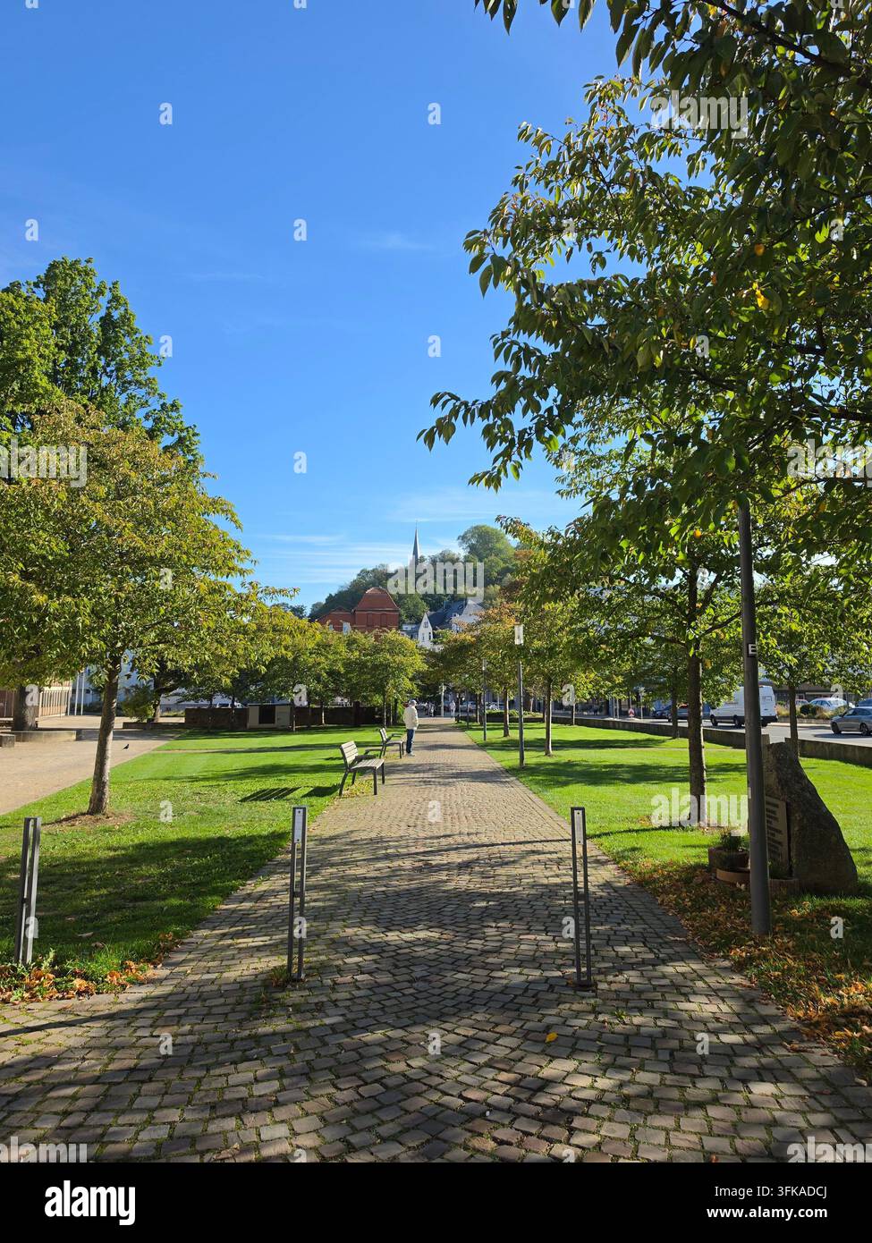 Sentiero passeggiate in un parco pubblico pittoresco con alberi verdi rigogliosi, una panchina di legno, una torre di chiesa e spazio aperto sotto un cielo azzurro estivo. Perfetto fo - Immagine stock catturata con smartphone
