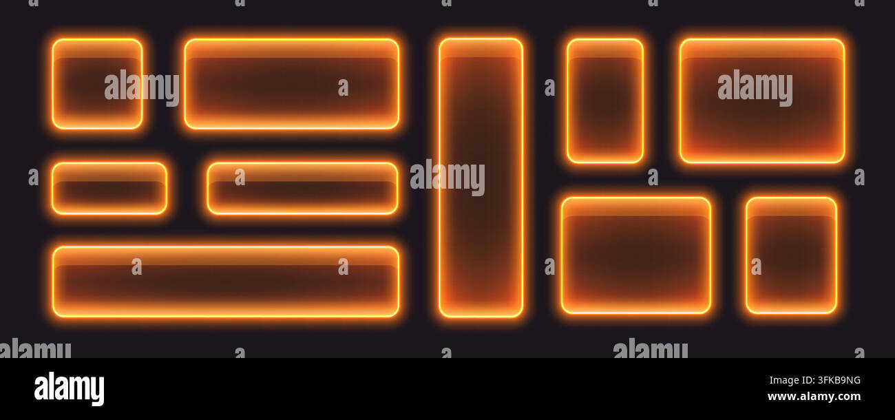 Pulsanti al neon lucidi, banner in vetro luminosi di colore arancione. Illustrazione Vettoriale