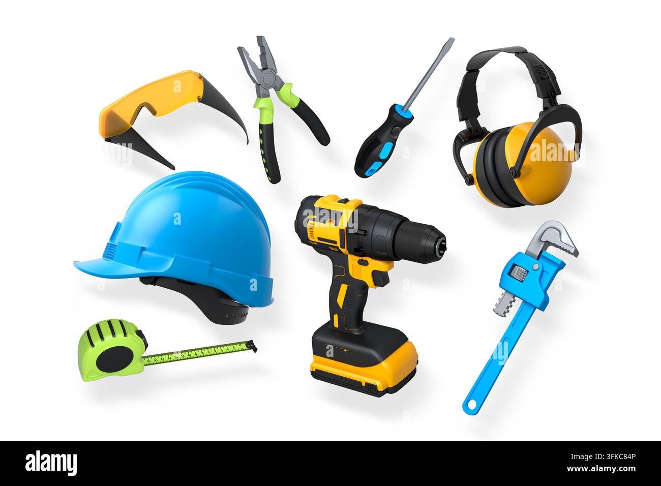Strumenti edili e attrezzature di sicurezza mostrati su sfondo bianco. Concetto di sicurezza sul lavoro e strumenti da costruzione Foto Stock