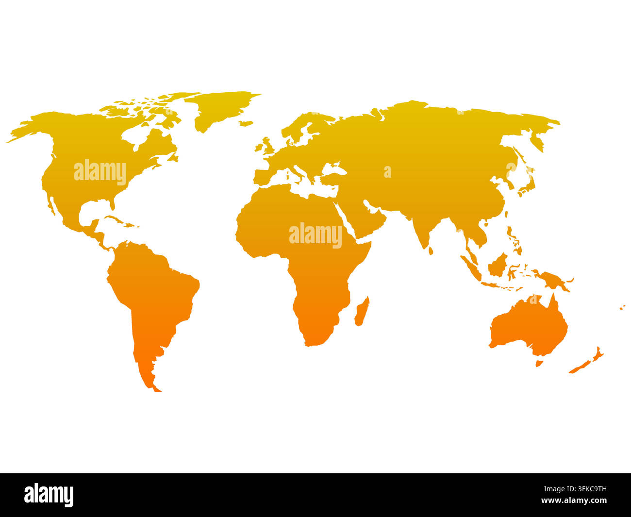 Semplice mappa piatta del mondo. Immagine vettoriale silhouette arancione con sfumatura su sfondo bianco. Illustrazione Vettoriale