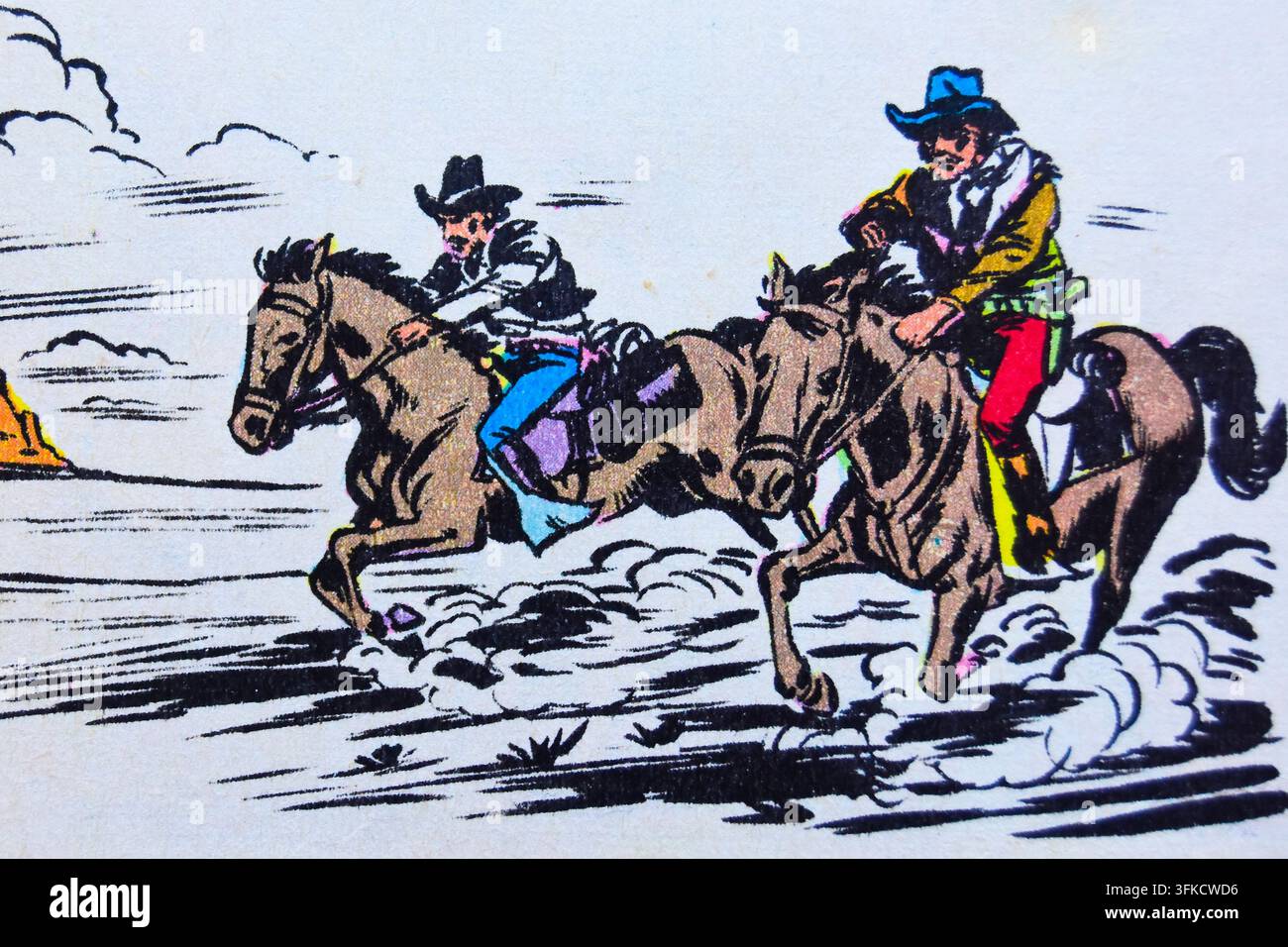 Illustrazione di due cowboy che corrono veloci a cavallo. Foto Stock