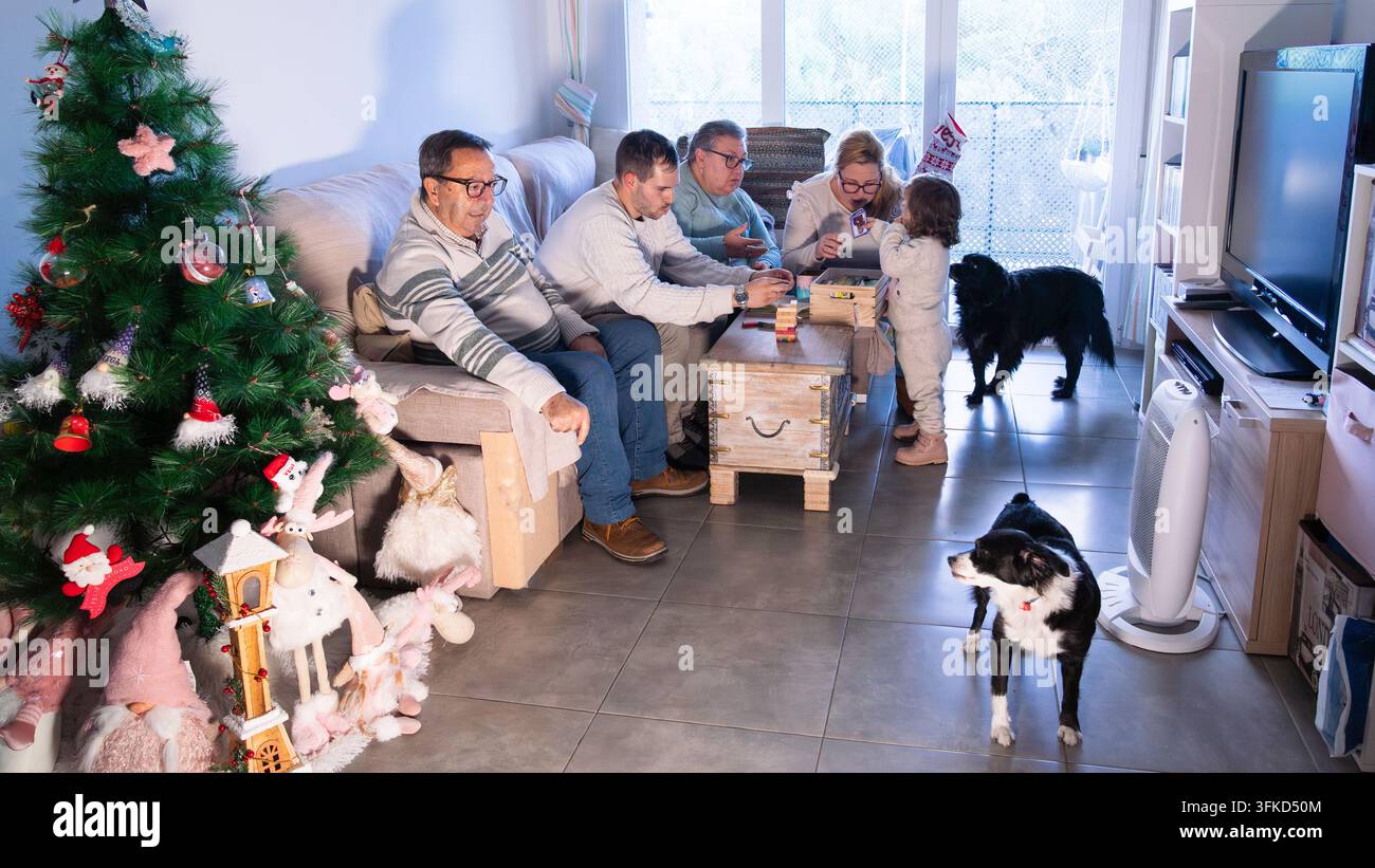 Riunione familiare multigenerazionale, che celebra il Natale a casa, giocando a Jenga con due cani nelle vicinanze Foto Stock