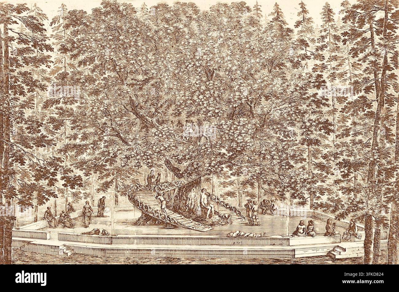 Stefano della Bella (1610–1664) - La Casa sull’Albero a Pratolino - ca. 1653 - L’Albero Abitato - Un albero gigante con una rampa o scala a spirale costruita attorno al tronco. Situato nei giardini della storica Villa di Pratolino, una grande tenuta rinascimentale appartenente alla famiglia Medici vicino a Firenze. In particolare, i giardini storici della Villa di Pratolino in Toscana erano famosi per i loro colossali e antichi quercioli. La struttura costruita al suo interno presenta una scala a doppia spirale avvolta direttamente attorno al tronco centrale esteso, che conduce a una piattaforma da pranzo nascosta in alto nella chioma. Foto Stock