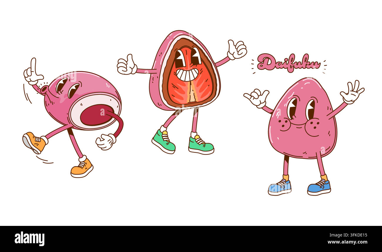 Personaggi di dessert della cucina giapponese groovy. Mascotte daifuku mochi retrò hippie Y2K in stile cartone animato. Cucina tradizionale giapponese wagashi dolci con il Illustrazione Vettoriale