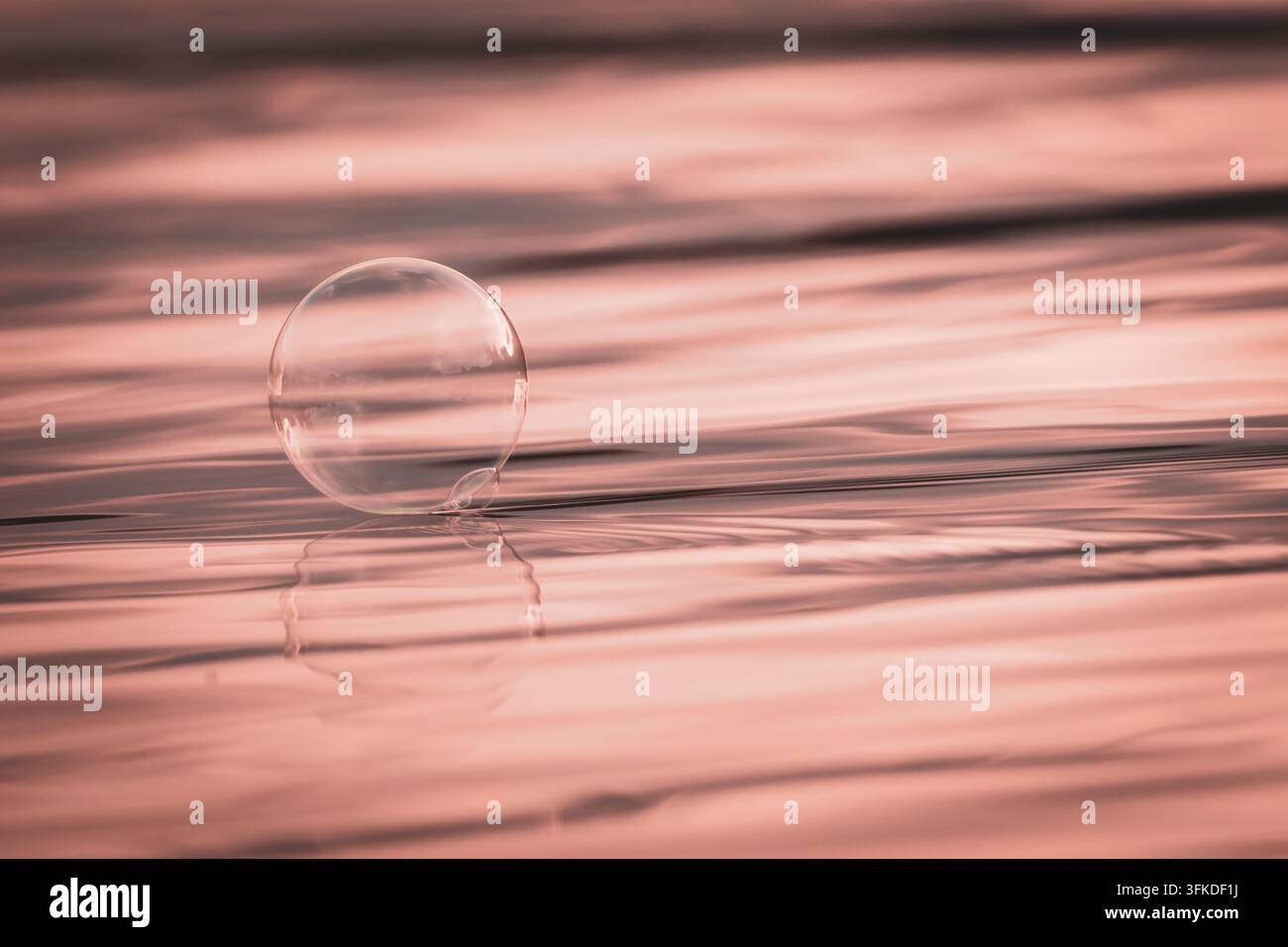 Un mondo dalle tonalità rosate circonda una bolla fluttuante e il suo eco sull'acqua. Sfumature graduali e linee setose modellano uno studio monocromatico raffinato che sembra e Foto Stock