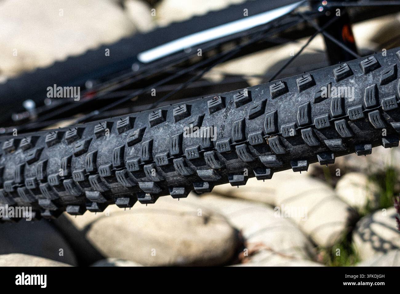 Vista ravvicinata di uno pneumatico da mountain bike mostra blocchi di battistrada robusti e la texture della parete laterale. Dettagli in gomma illuminati dal sole sopra pietre fluviali suggeriscono un'avventura all'aperto Foto Stock