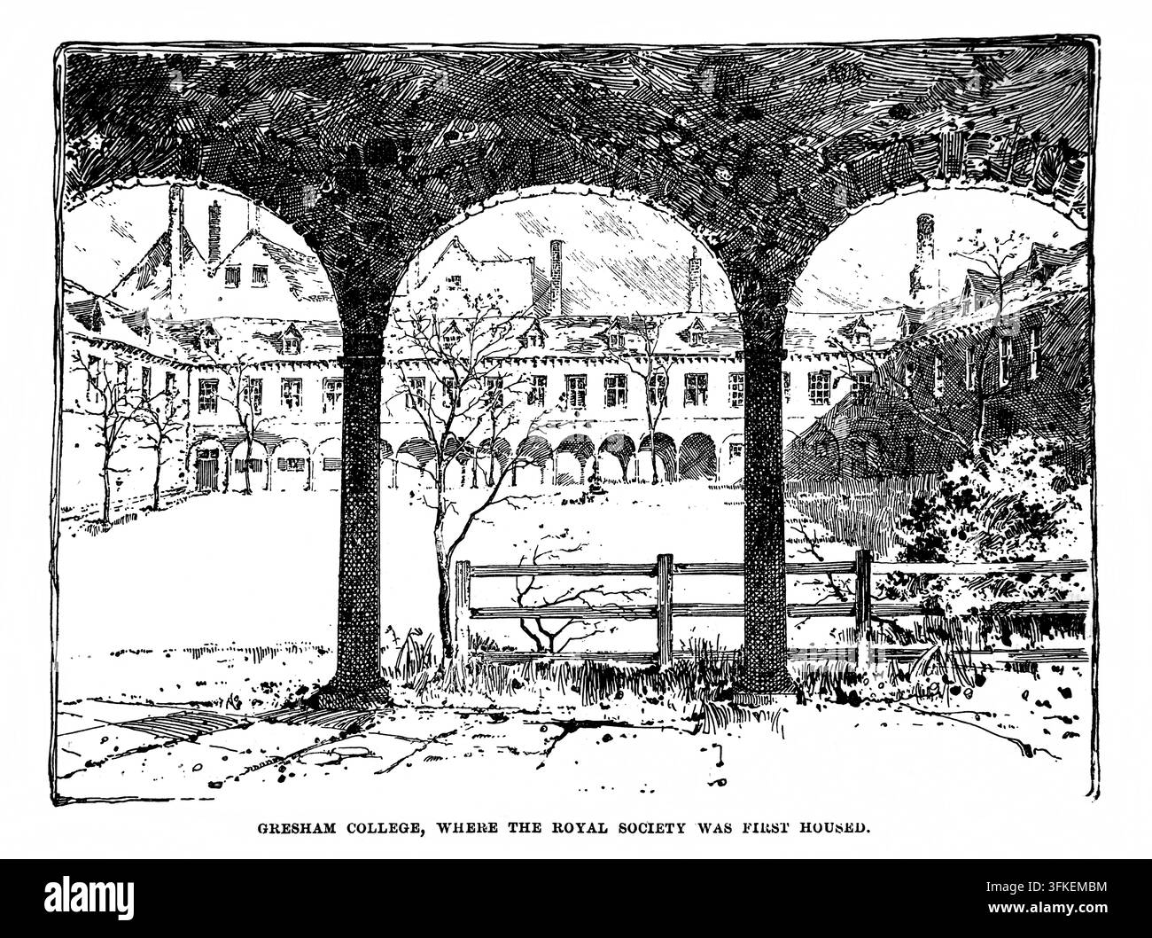 Incisione del Gresham College a Holborn dove la Royal Society fu ospitata per la prima volta nel 1660, tratta dall'edizione del 1905 di Cassell's History of England Volume III Foto Stock