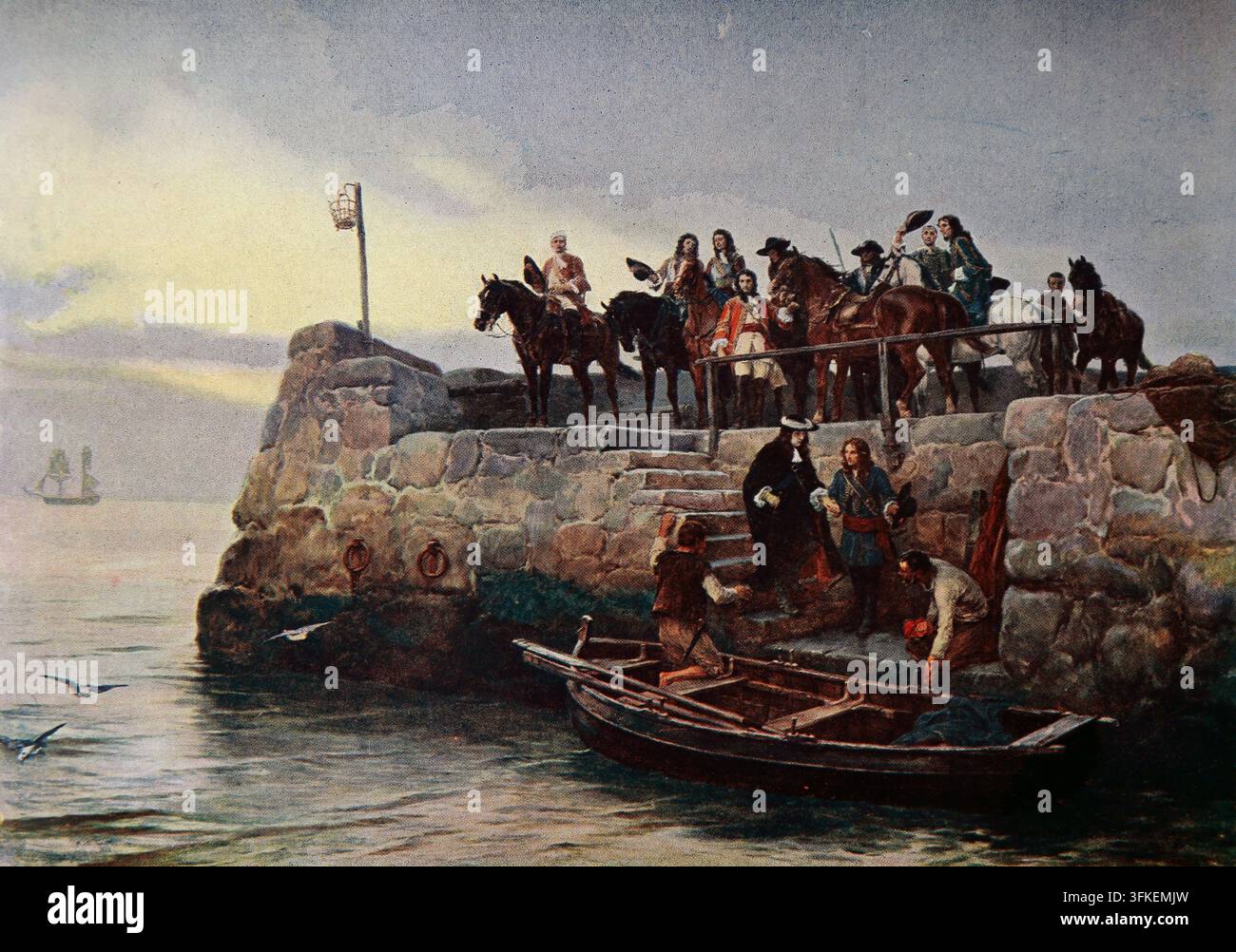 Illustrazione di Una causa persa; Fuga del re deposto Giacomo II dopo la battaglia del Boyne salendo su una barca per portarlo alla nave che Foto Stock