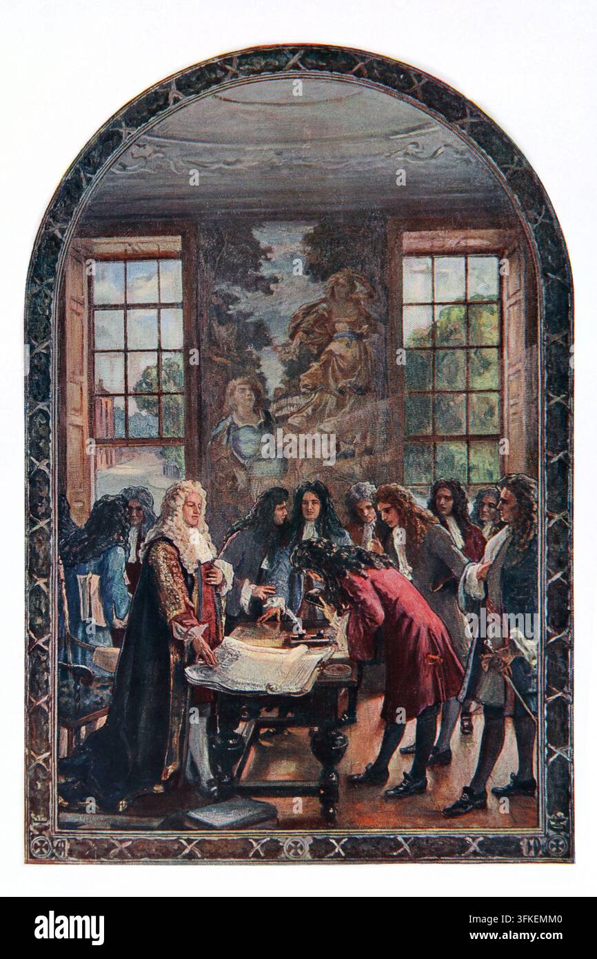 Illustrazione della fondazione della Banca d'Inghilterra nel 1694 che raffigura Guglielmo d'Orange mentre sovrintende Sir John Houblon nella firma della Carta Reale con Wi Foto Stock