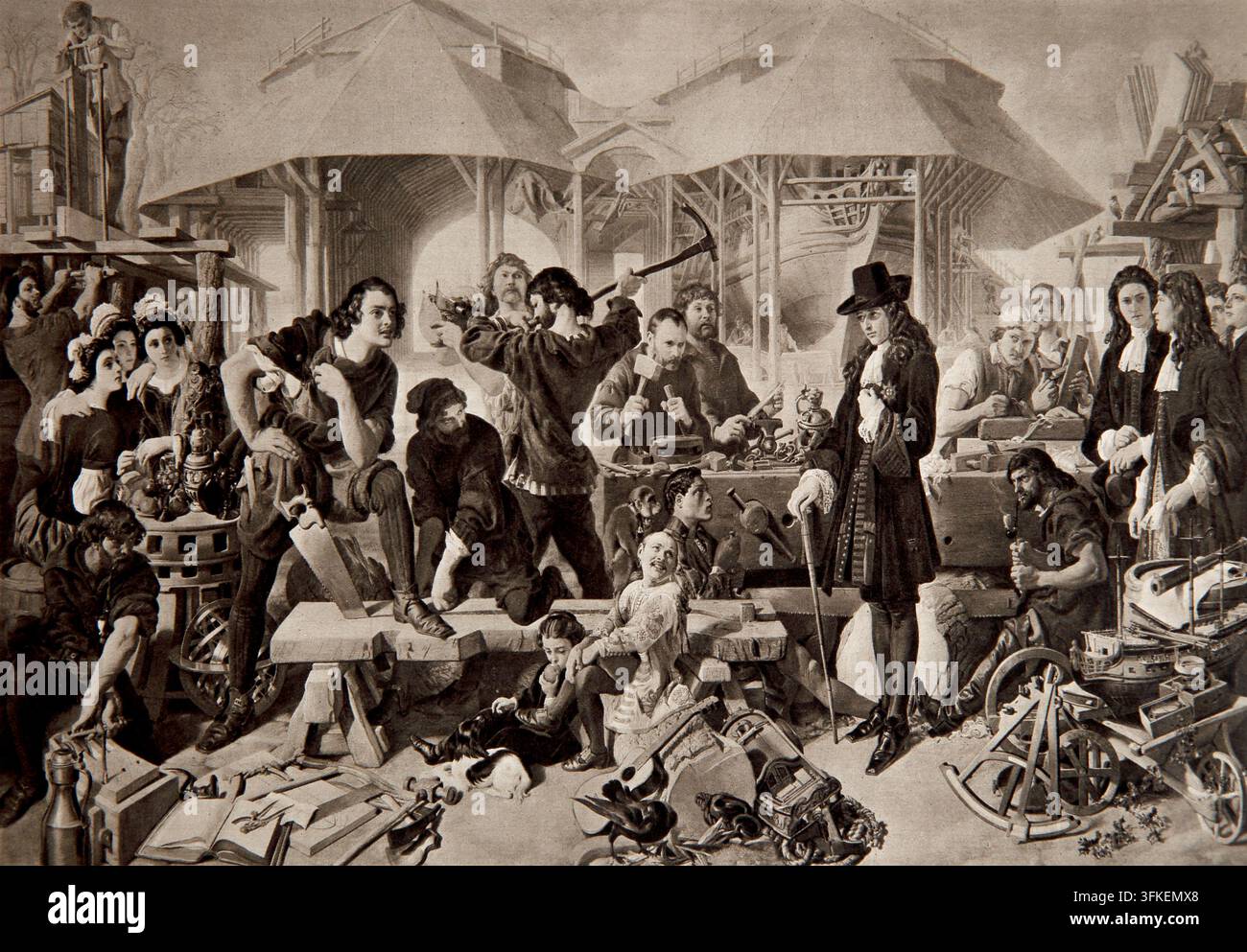 Illustrazione di Pietro il Grande, zar di tutta la Russia, al Deptford Dockyard nel 1698 dal dipinto di Daniel Maclise dell'edizione del 1905 di Cassell's His Foto Stock
