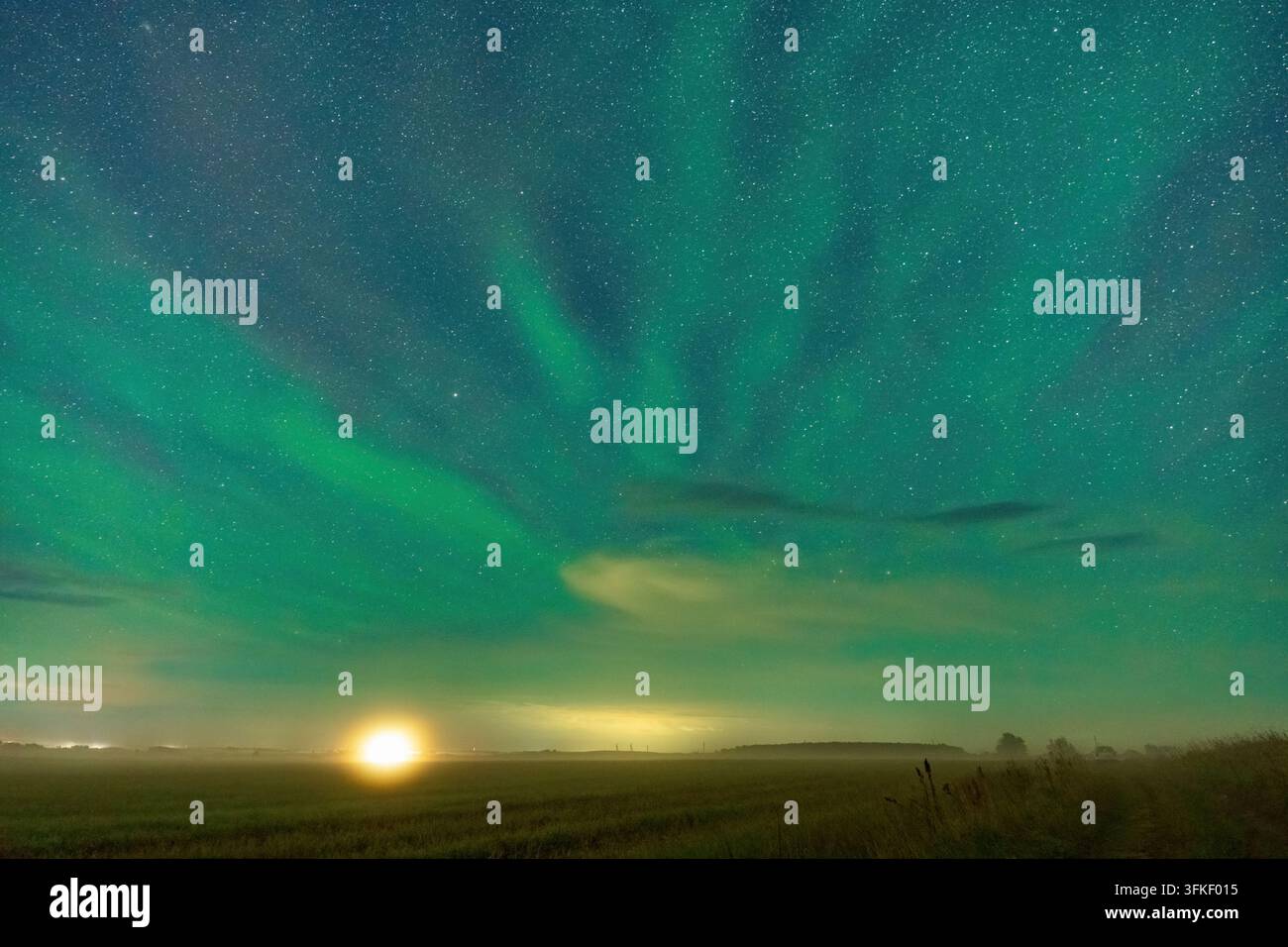Uno splendido paesaggio notturno che cattura un raro e intenso fenomeno di aurora verde che si estende su un cielo notturno limpido e stellato. Sotto, una campagna nebbiosa Foto Stock