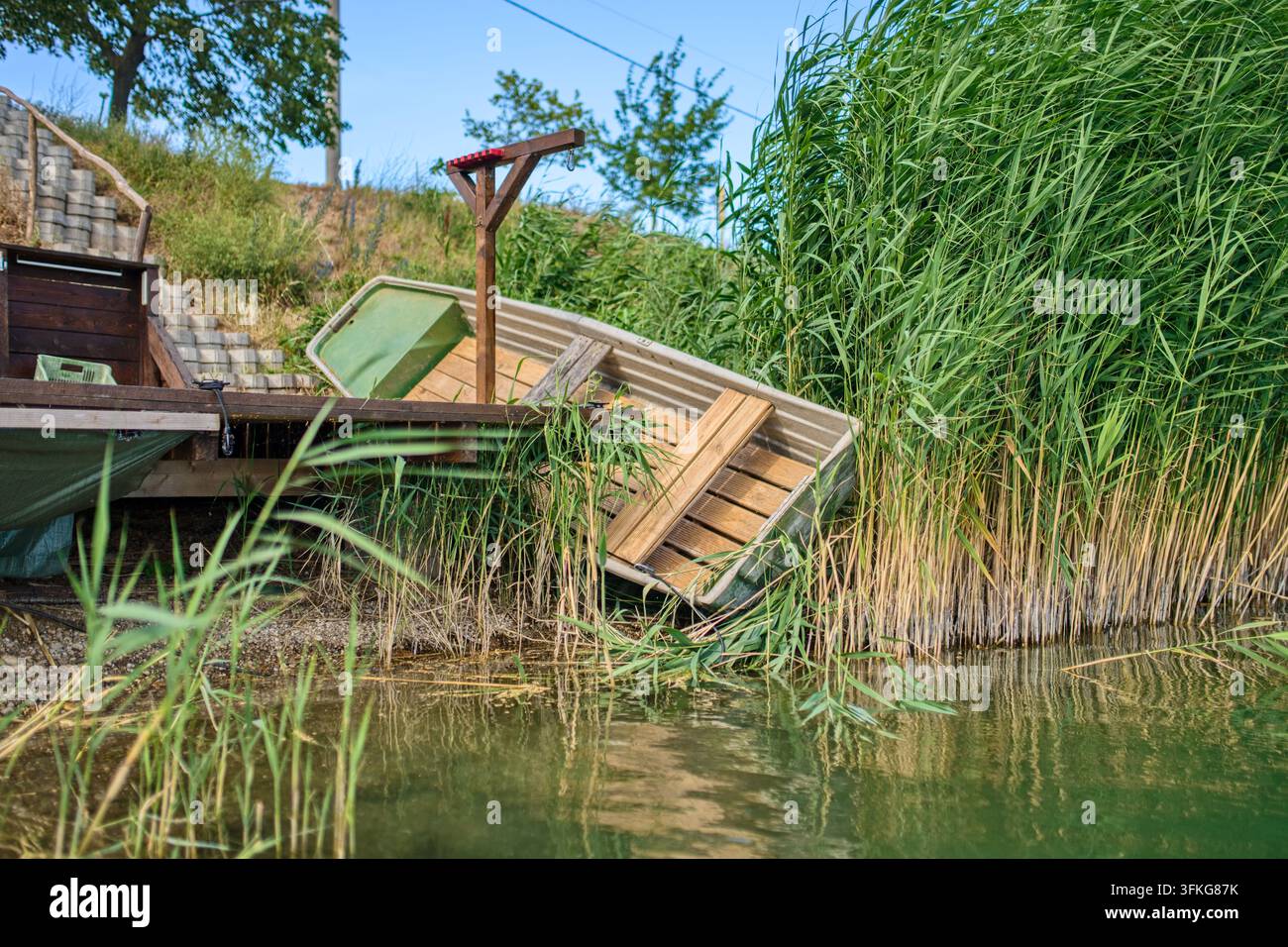 Vecchia barca di legno arenata sulla riva ricoperta di alti canneti vicino al fiume, paesaggio naturale tranquillo, campagna. Foto Stock