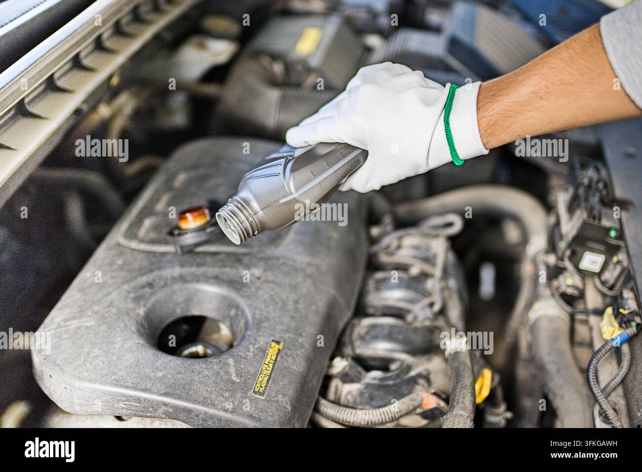 Primo piano di un meccanico con guanti che versa olio motore in un motore di auto durante un servizio di manutenzione sotto il cofano. Foto Stock