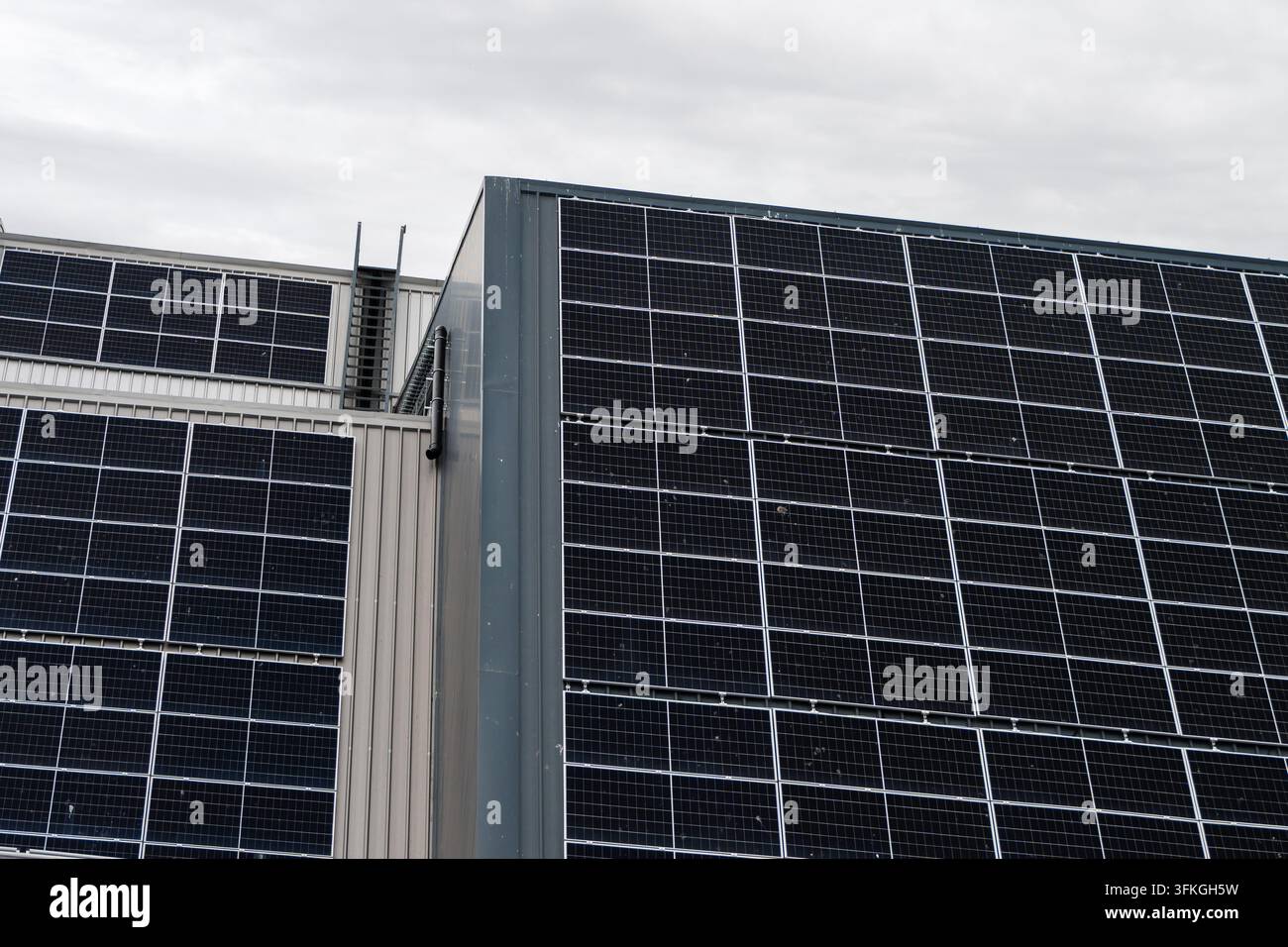 Una grande installazione sul tetto di pannelli solari fotovoltaici montati su tetti industriali inclinati sotto un cielo nuvoloso. Foto Stock