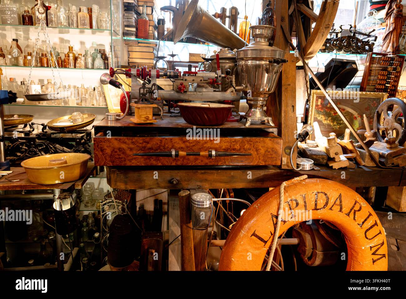 Fotocamere vintage, macchine da scrivere, monete, mobili e oggetti da collezione riempiono un negozio di antiquariato tradizionale nella Vecchia Città di Varsavia. Foto Stock