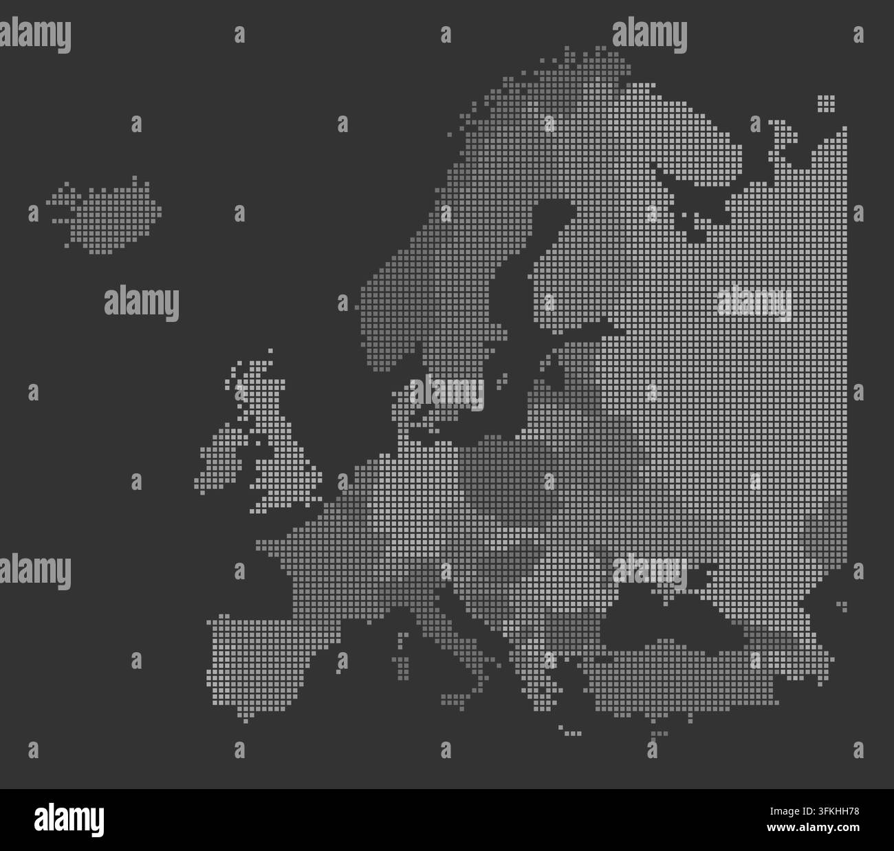 Questa grafica presenta una mappa vettoriale pixelata dell'Europa che rivela i confini politici. La mappa include piccoli quadrati che rappresentano diverse regioni e paesi. Illustrazione Vettoriale