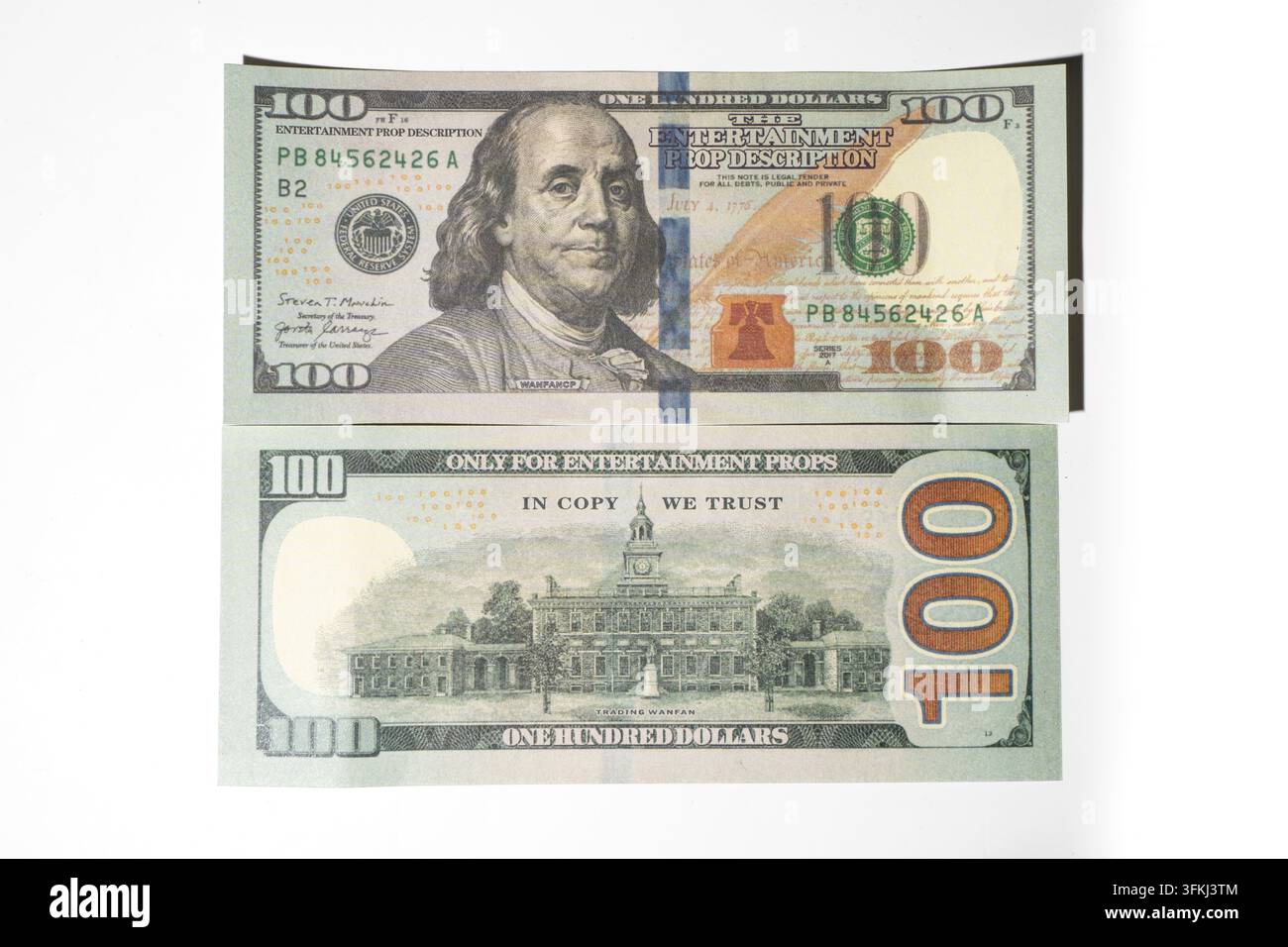 Faccia e retro di una banconota da cento dollari statunitensi su sfondo bianco Foto Stock