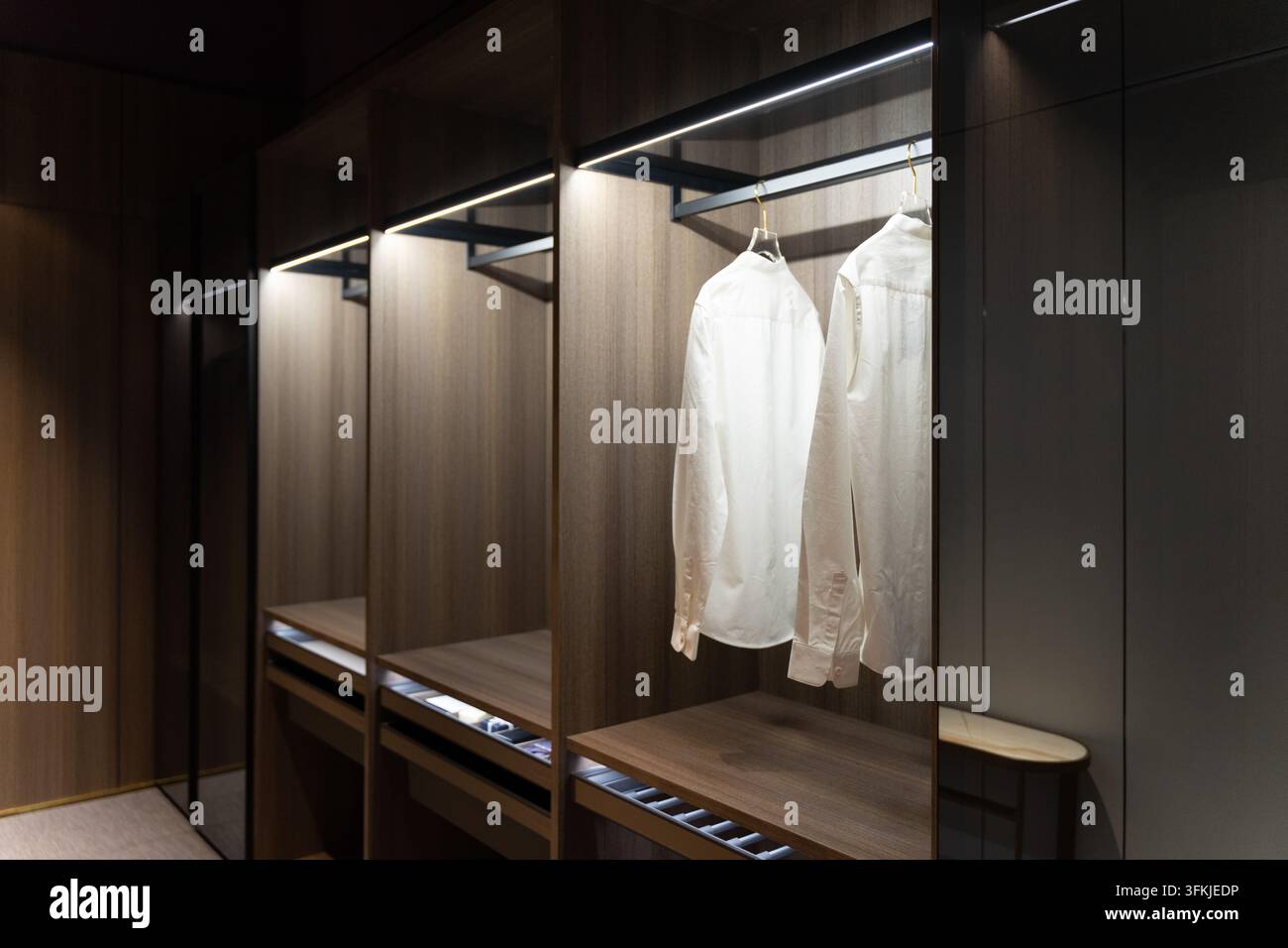 Guardaroba illuminata da uomo con area per appendere camicie bianche Foto Stock