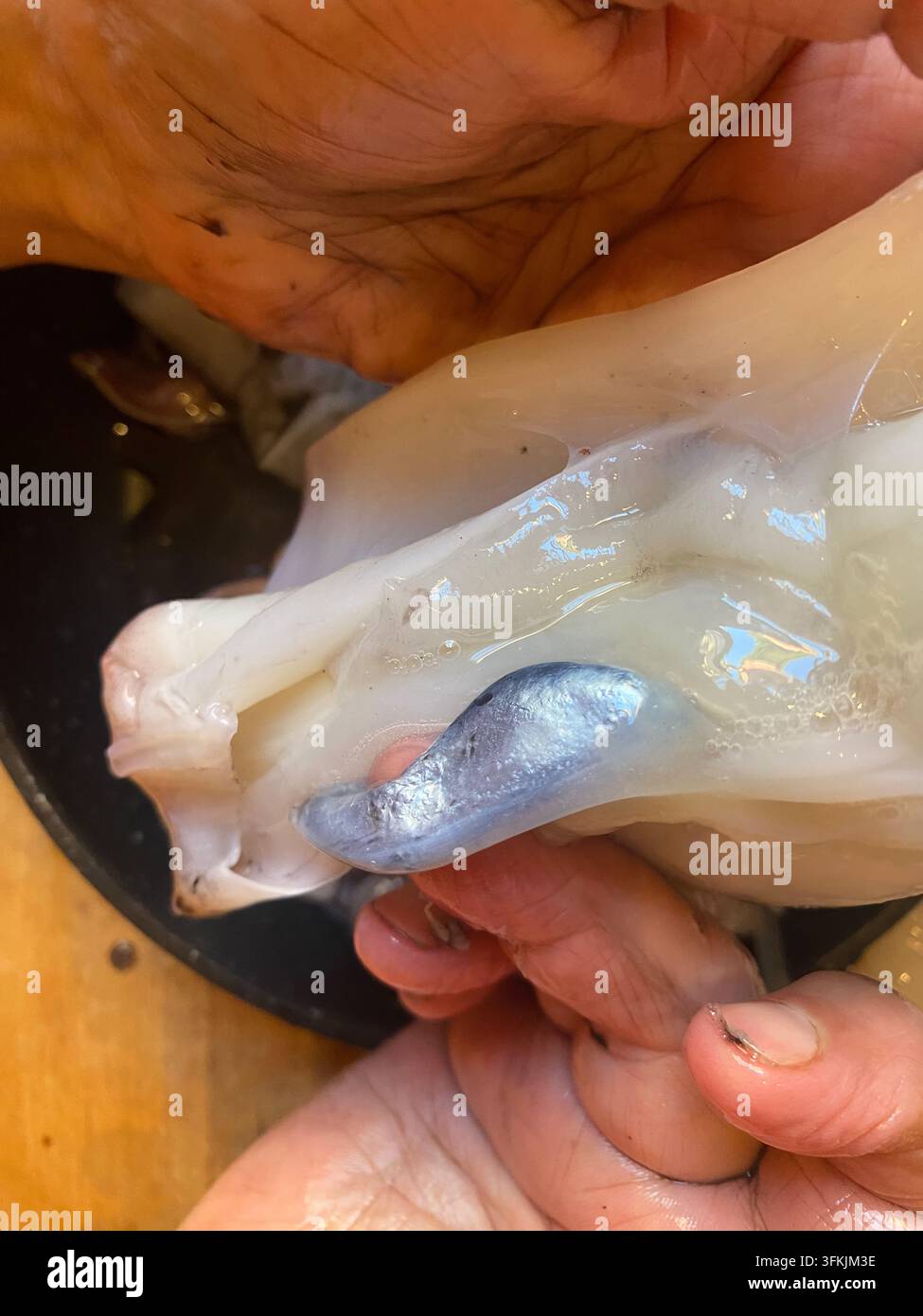 La mano dello chef rimuove con cura la sacca dell'inchiostro nero da un calamaro appena pulito, dimostrando un passaggio cruciale nella preparazione dei frutti di mare per cucinare delicio Foto Stock