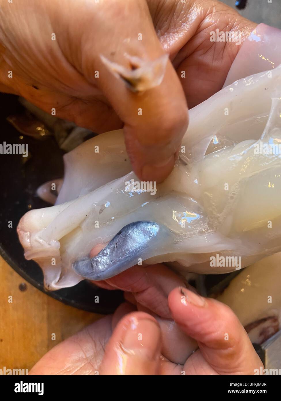 Mani che puliscono il calamaro crudo, rimuovendo la sacca dell'inchiostro e le parti interne in una ripresa dall'alto della cucina, preparando frutti di mare freschi per calamari e altri piatti gourmet Foto Stock